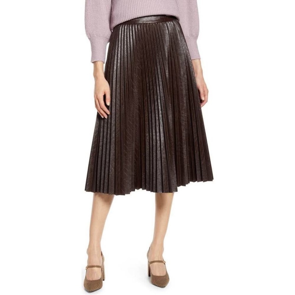Halogen × Atlantic-Pacific Chocolate Brown Pleated Croc Faux Leather Midi Skirt